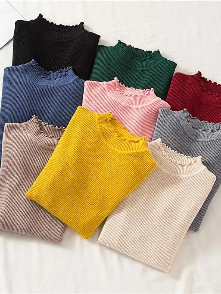 Mock Neck Clothes Knitted Woman Sweaters Pullovers Autumn Winter Basic Women's Jumper Slim Somen's Sweater Pull Long Sleeve
