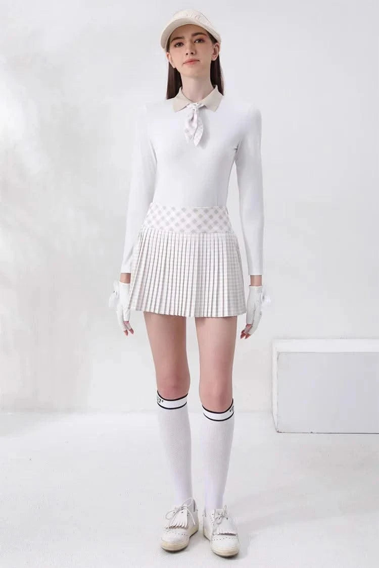 Women's Golfwear for Spring/Autumn Slim-Fit Long-Sleeve Top with Polo Collar and Bow Tie, High-End Golf Hundred-Pleat Skirt Suit