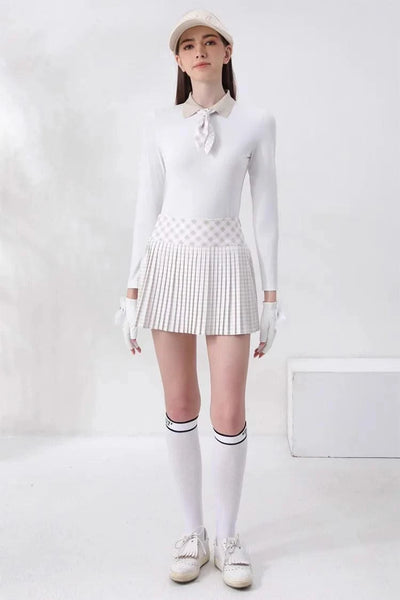 Women's Golfwear for Spring/Autumn Slim-Fit Long-Sleeve Top with Polo Collar and Bow Tie, High-End Golf Hundred-Pleat Skirt Suit