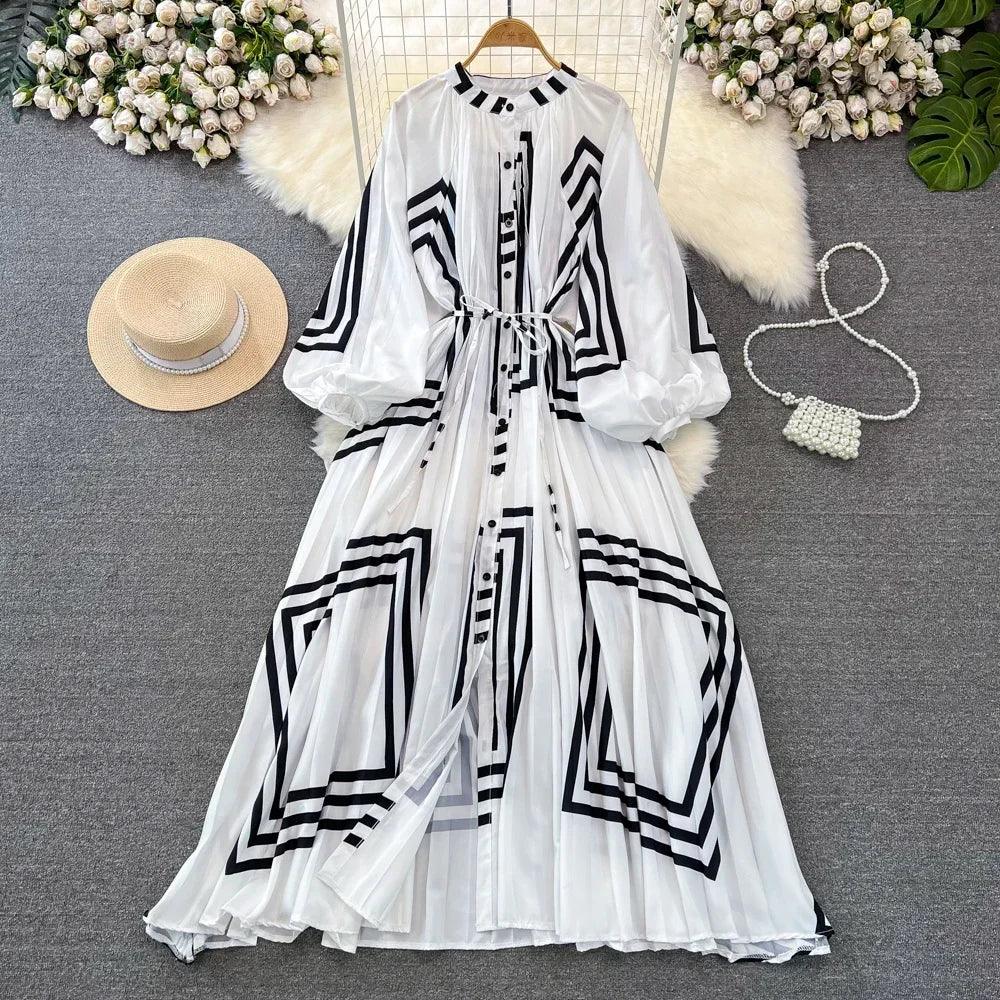 Retro Elegant Sashes O Neck Single Breasted Print Dresses Long Lantern Sleeves A-line Casual High Waist Women Autumn Clothing