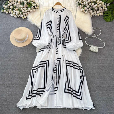 Retro Elegant Sashes O Neck Single Breasted Print Dresses Long Lantern Sleeves A-line Casual High Waist Women Autumn Clothing