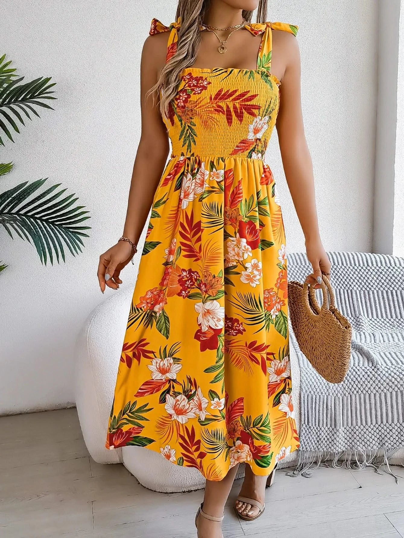Spring Summer Floral Print Long Dress Lace up Sleeveless Vacation Dresses for Women