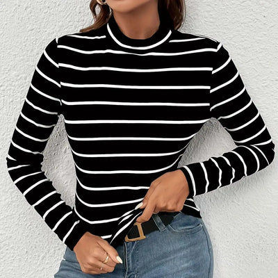 Women's Striped Crew Neck Crew Neck T shirt Casual Long Sleeve Autumn and winter top women's T-shirt loose and comfortable black
