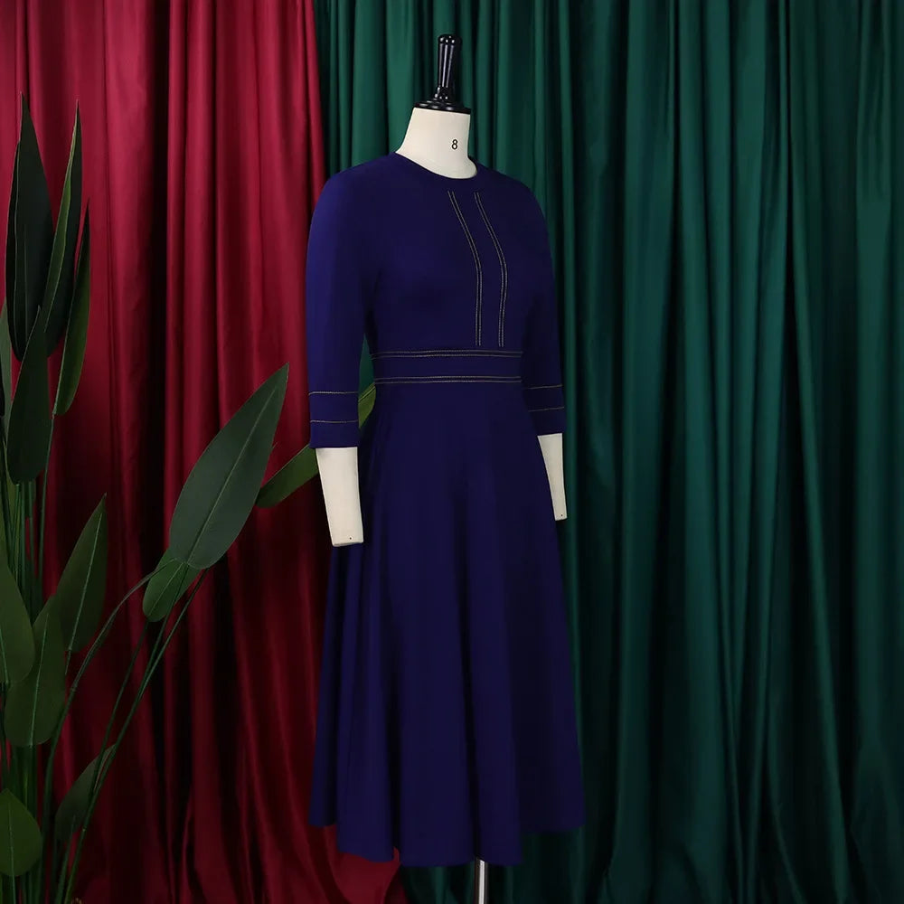 Elegant Dresses for Women Party 2024 Luxury O Neck 3/4 Sleeve High Waisted Pleated A Line Bridesmaid Midi Calf Birthday Dress