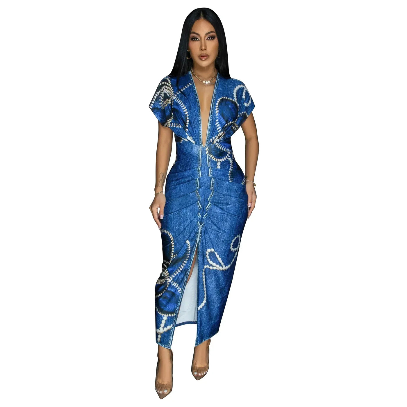 Fashionable Short Sleeve V-Neck Printed Slim Fit African Style Women's Dress K10822 Cross-Border Elegant Chic Dress