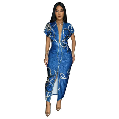 Fashionable Short Sleeve V-Neck Printed Slim Fit African Style Women's Dress K10822 Cross-Border Elegant Chic Dress