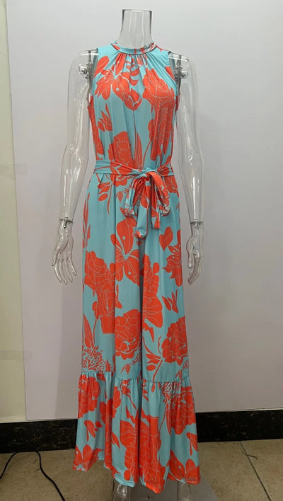 2025 Women's Elegant Floral Print Long Dresses Spring Summer Lace up Print Strap Dress Holiday Beach Female Robe Vesido Mujer