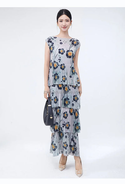 Women Dresses For Summer 2025 Miyake Pleated Dress Summer Fashion Holiday Style Printed Stretch Cake Dress