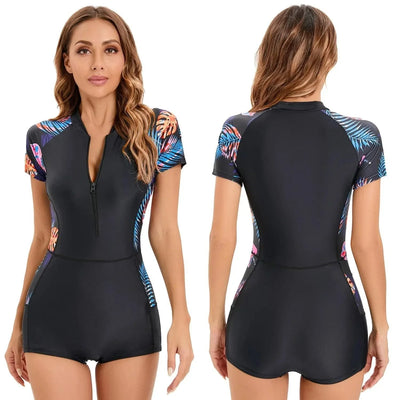 Womens Short Sleeve Swimsuit Rash Guards Wetsuit Floral Print Zipper Surfing Diving Swimming Jumpsuit Swimwear Bathing Suit