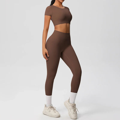 Yoga Set 2 Pieces Women Tracksuits Workout Sportswear Gym Clothing Fitness Short Sleeve With Padded High Waist Leggings Suits