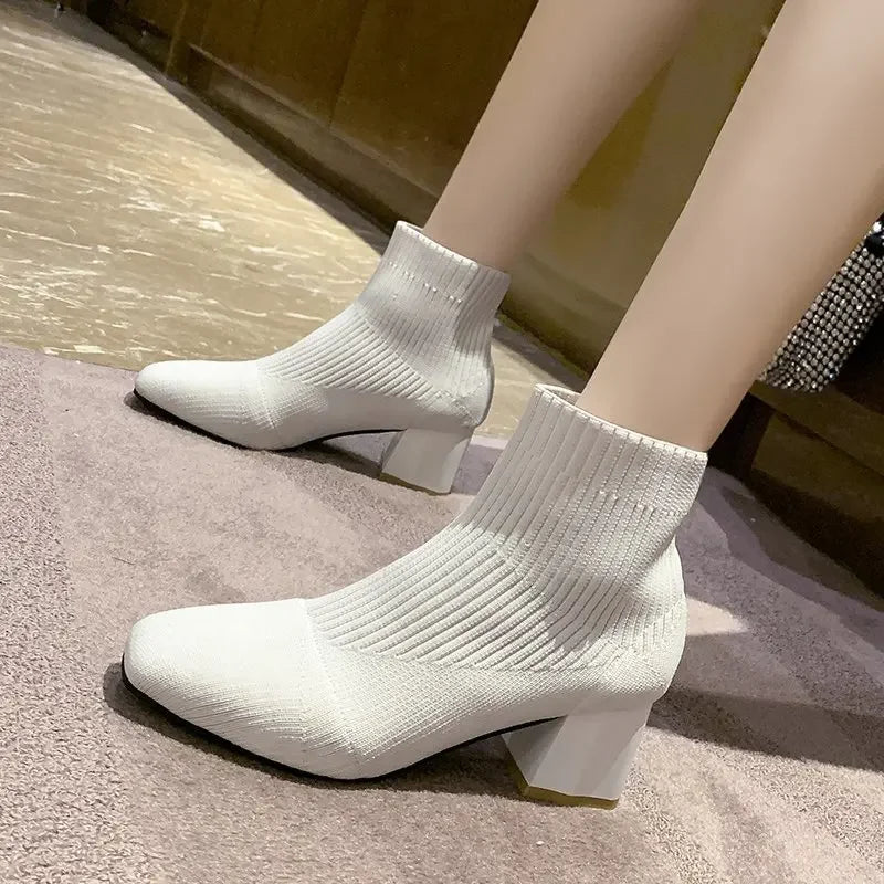 Stretch  Sock Boots For Women Shoes Square Heel Yellow Knitting shoes Elastic Cottton Boots Lady Footwear