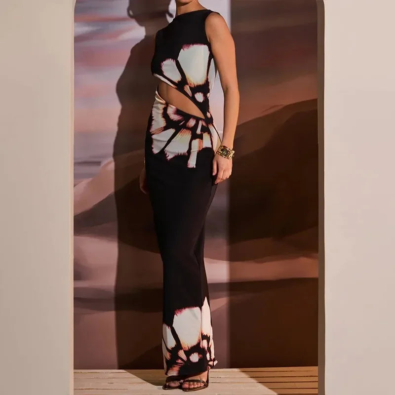 Black Dresses Women Summer New O-Neck Sleeveless Sexy Clubwear Hollow Out Dress Fashion Print Casual Elegant Slim Female Dresses