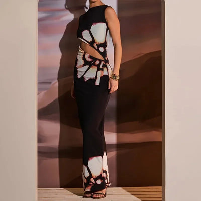 Black Dresses Women Summer New O-Neck Sleeveless Sexy Clubwear Hollow Out Dress Fashion Print Casual Elegant Slim Female Dresses