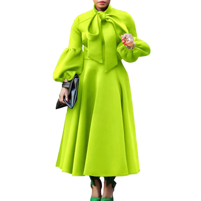 Elegant Dresses for Women Bow Collar Full Sleeve High Waisted Pleated Mid Calf Luxury Birthday Party Dinner Vestidos Mujer Dress