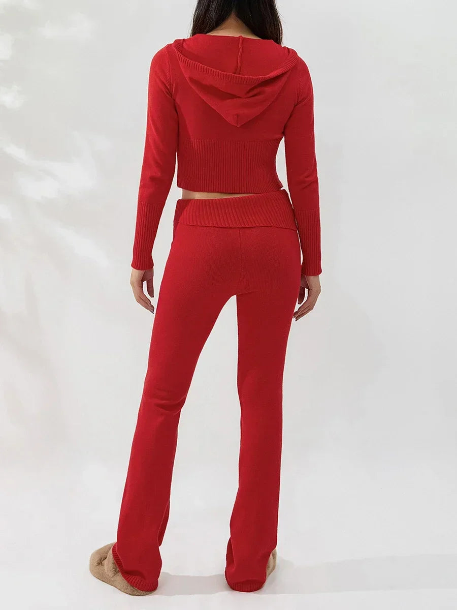 Women Tracksuit  Knit Lounge Set Long Sleeve Zip Up Hoodie with High Waist Wide Leg Pant 2 Piece Sweater Ensemble Casual Set