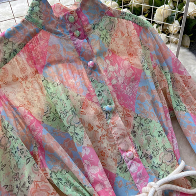 Long Dress Women Dresses A Line Chiffon Vestidos Stand Collar Streetwear Floral Print Elegant Splice Y2k Party Night High Waist