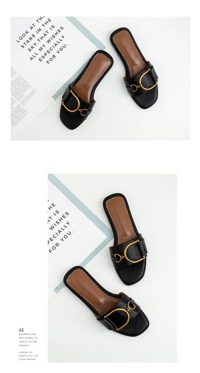 Summer Women Slippers Leather Square Toe Women Flats Flip Flops Designer Ladies Slides Sandals Women Shoes Luxury Sandals