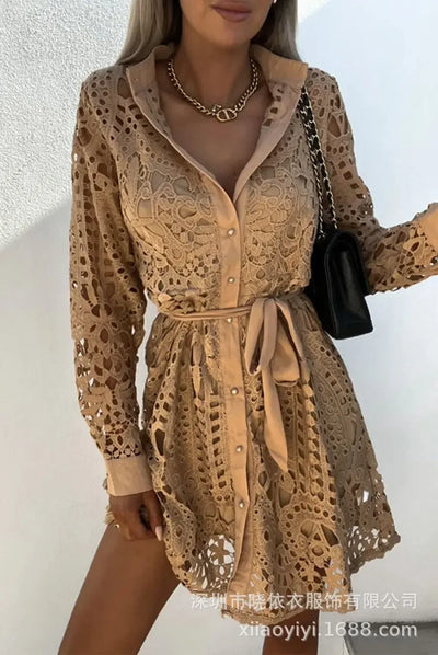 Elegant Shirt Dress Women Sexy Hollow Out Lace Dresses Spring Autumn Button Lace-up Office Lady Mini Dress Female