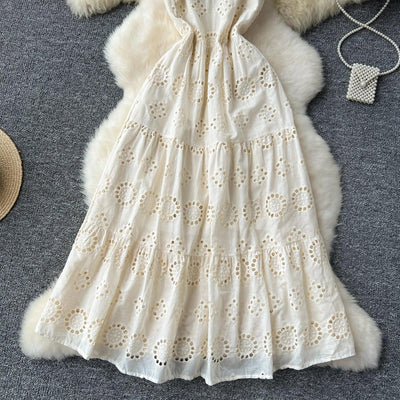 French Vintage Hollow Out Embroidery Butterfly Bow Bandage Slip Dress A-line Chic Casual Beach Vacation Women Summer Dresses