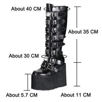 Women Boots Cosplay Ladies High Heel Platform Wedges Women High Boots Gothic Buckle Strap Long Tube Leather Female Boots Plus Si