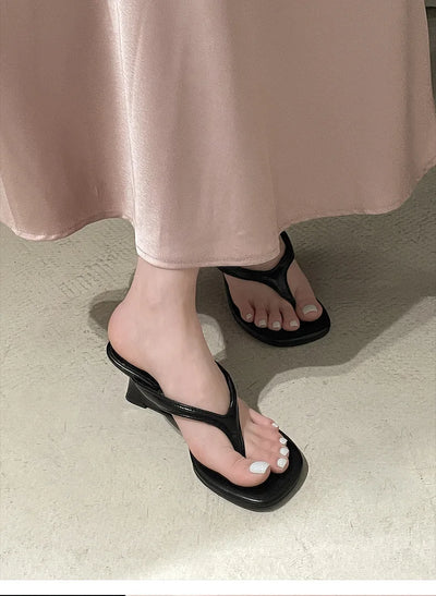 Women High-heeled Slippers 2025 Summer Clip Toe Flip Flop Fashion Pumps French Wedge Sandals Square Toe Ladies Shoes Sandalias