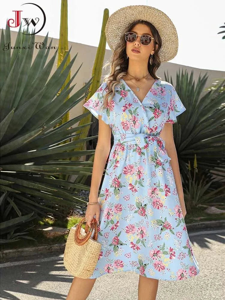 Floral Print Midi Dress Women Robe Elegant Chic