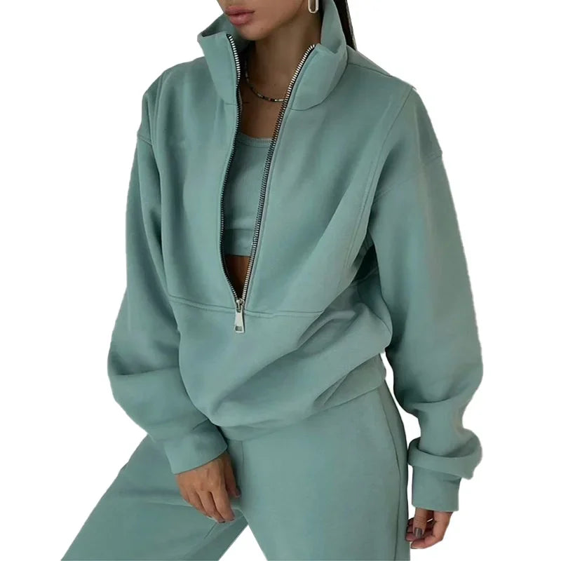 Autumn Winter Women Tracksuits Two Piece Outfits Fleece Lined Zipper Sweatshirt High Waist Pants Sets Female Sport Suits 2024