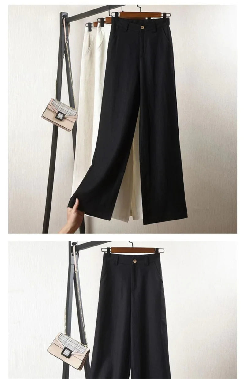 Women's Cotton Linen Straight Trousers Elastic High Waist Wild Wide Leg Pants Female Spring Summer Solid Color Loose Linen Pants