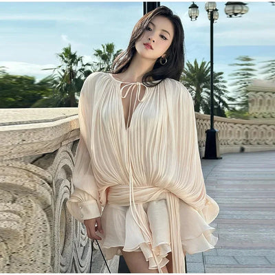 TWOTWINSTYLE Solid Spliced Lace Up Loose Dresses For Women O Neck Long Sleeve High Waist Temperament Dress Female Fashion New