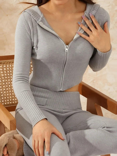Women Tracksuit  Knit Lounge Set Long Sleeve Zip Up Hoodie with High Waist Wide Leg Pant 2 Piece Sweater Ensemble Casual Set