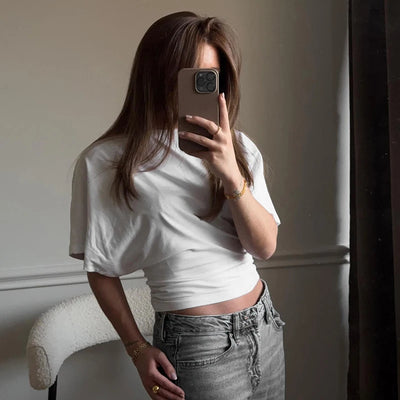 Women's cotton t-shirt summer 2025 baggy crop top French style elegant blouses Sense of design Short sleeve tee casual y25tp031