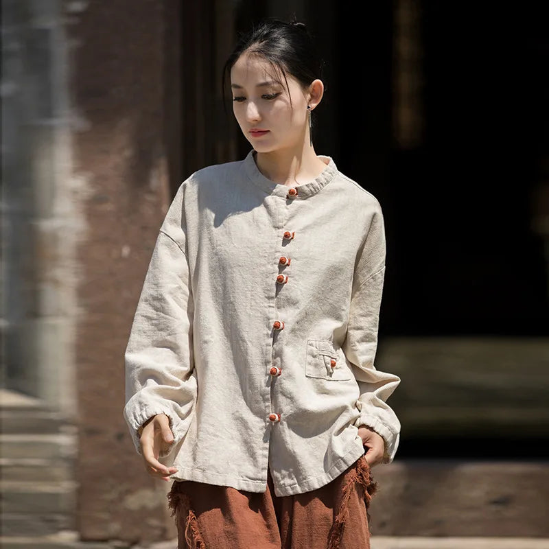 Cotton Linen Women's Literary Vintage Ramie Tops Shirt Women's Patchwork Colour Plate Button Lapel Cardigan Jacket Chinese Style