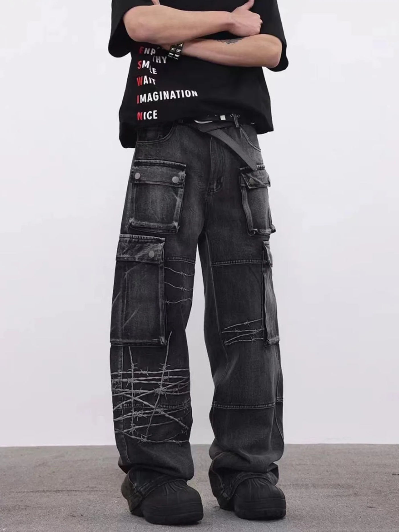 Trendy Brand American Retro Tooling Jeans Mens High Street Heavy Industry Embroidery Loose Wide-leg Trousers