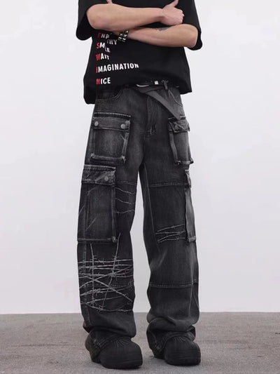 Trendy Brand American Retro Tooling Jeans Mens High Street Heavy Industry Embroidery Loose Wide-leg Trousers