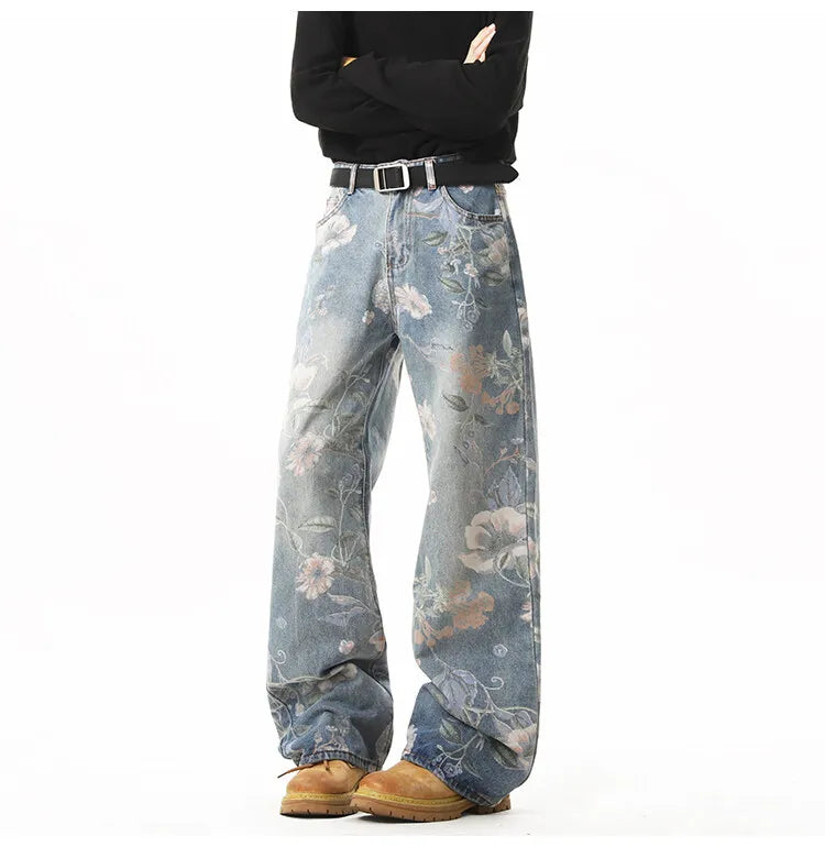 Printed denim jeans men American hip-hop High quality men women trendy retro floral print straight leg loose wide casual pants