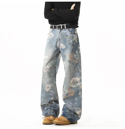 Printed denim jeans men American hip-hop High quality men women trendy retro floral print straight leg loose wide casual pants