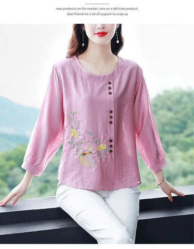 Summer Cotton Linen Embroidery Loose Casual Blouse Lady 3/4 Sleeve Vintage All-match Top Women Fashion Oversized Elegant Shirt