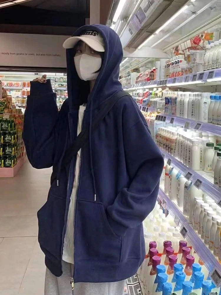 Korean Fashion Zipper Hood Sweatshirt Women Autumn Long Sleeve Tops Casual Y2K Hoodies Streetwear Harajuku Loose Jackets Coats
