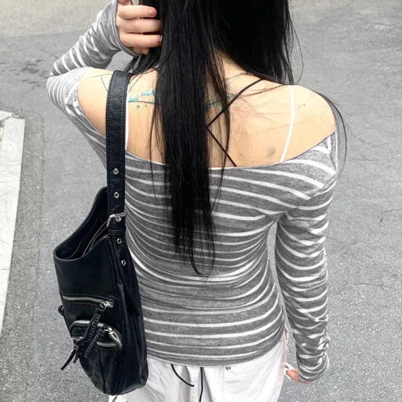 Sexy Slash Neck Knitted Smock Women Vintage Slim Thin Long Sleeve All-match Femme Clothing Aesthetic Streetwear Tops