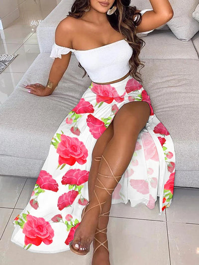 Summer Fashion Sets For Women 2 Pieces Solid Pleated Tops & Floral Print High Waist Midi Skirt Female Chic Lady Long Skirts Set