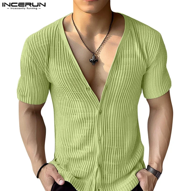 INCERUN Tops 2024 American Style Fashion New Men Deep V-neck Textured Striped Shirts Casual Streetwear Male Short Sleeved Blouse