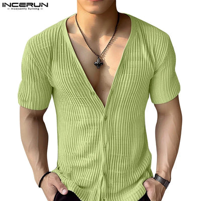 INCERUN Tops 2024 American Style Fashion New Men Deep V-neck Textured Striped Shirts Casual Streetwear Male Short Sleeved Blouse