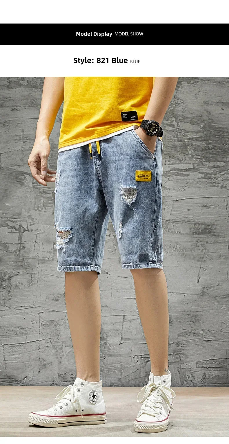 Summer Denim Shorts For Men Trendy Ripped Elastic Waist Loose Fit Casual Jeans 5 Minute Length Middle Pants