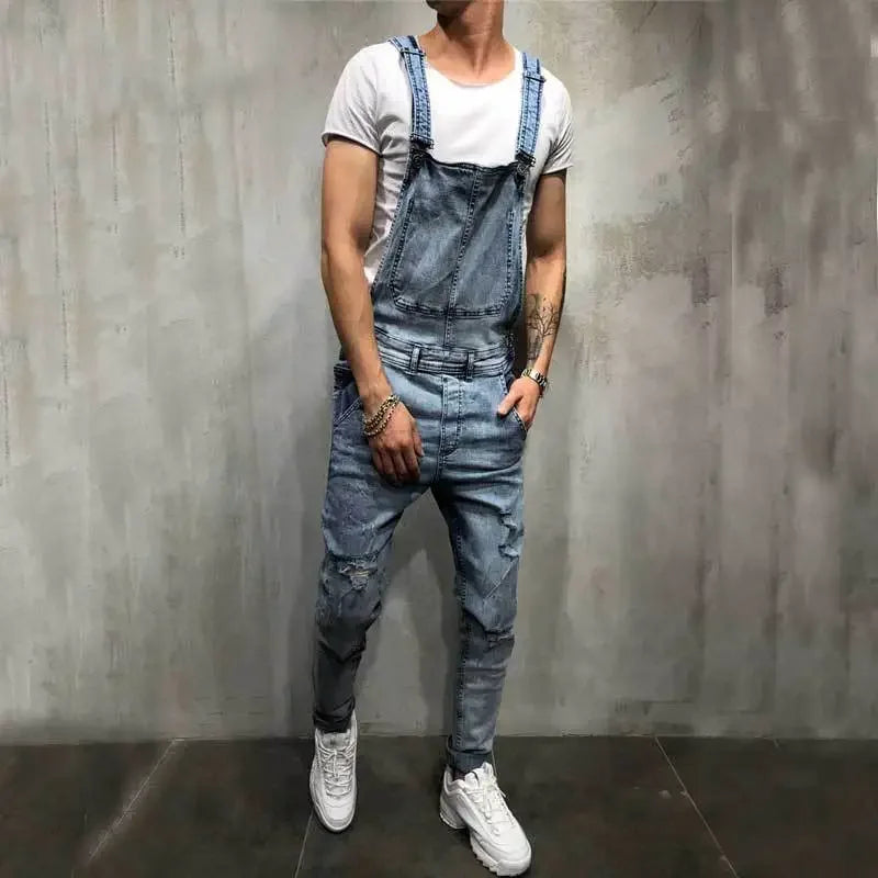 Men's Spring and Autumn Jeans, New Style Retro Casual All-match Ripped Dungarees, Fashionable High Street Trendy Brand Dungarees