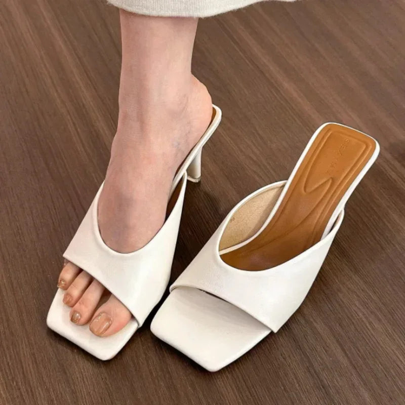 New Fashion Summer Women slipper Square Toe Ladies Mules Sexy High Heels Slippers Female Designer Woman Shoes claquette femme
