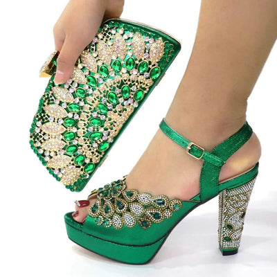 Embroidery Italian Design Pointed-Toe High-heeled Shoes and Bags Set for Women