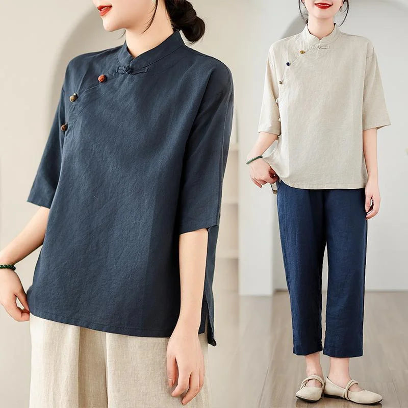 New Women's Retro Cotton Linen Short-sleeved Shirt with Diagonal Placket and Stand-up Collar Tea Top