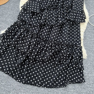Dot Dress Women Long Dresses Print Chiffon Lace Up Flare Sleeve A Line Vestidos Streetwear Elegant Splice Y2k High Waist Party