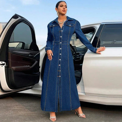 Denim Dress Women Long Dresses Spring Turn Down Collar Elegant Work Splice Vestidos Single Breasted A Line Y2k Tops Streetwear