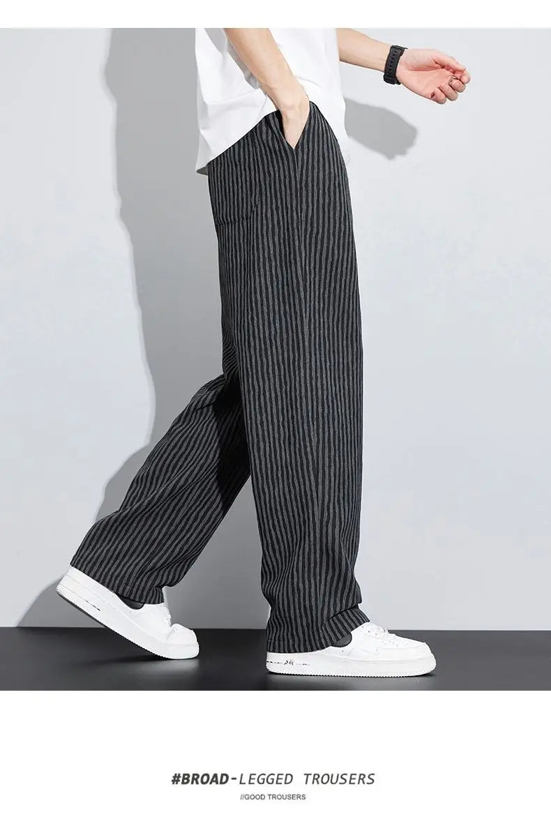 New Men's Trousers with a Sense Design Featuring Unique Stripe Pattern Hanging Wide-leg Loose Straight Casual Long Pants